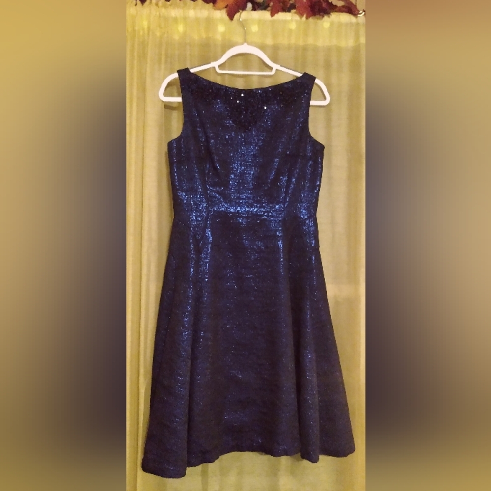 Maggy London Beaded Metallic Brocade Dress Blue